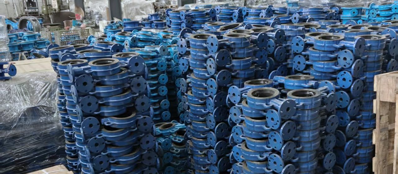 Butterfly valves stacked in the warehouse